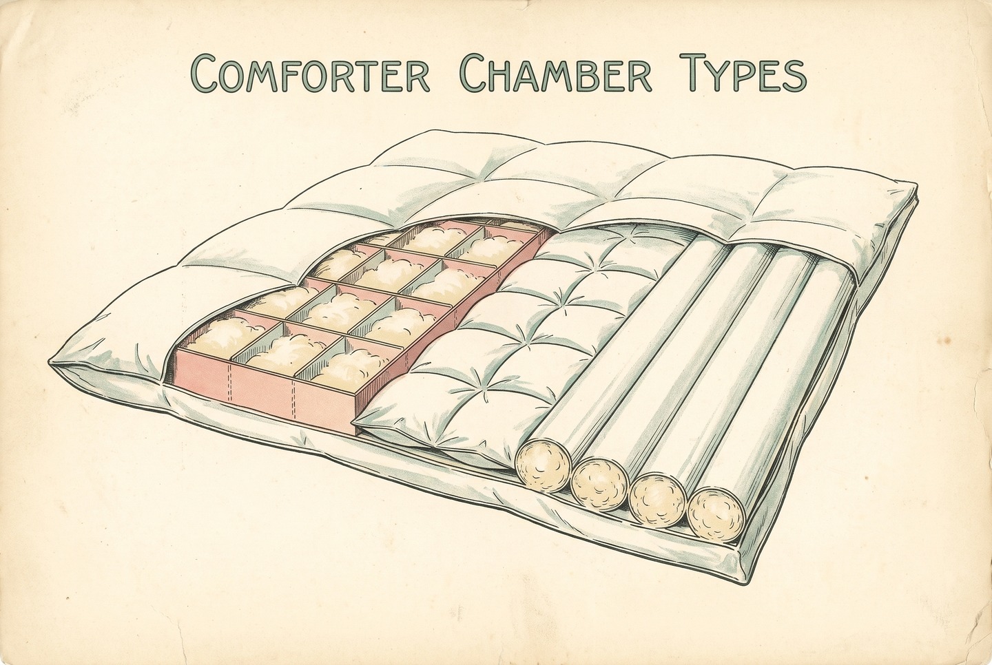 Cross-section of a comforter corner showing three chamber types. Tall square boxes are separated by thin fabric walls. Square pockets have their top and bottom layers stitched together, so the fill thins to nothing at each seam. Long tubes of fill run in parallel rows.