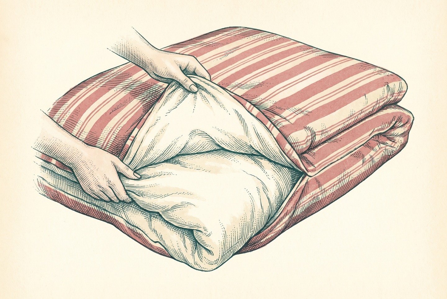 Hands tucking the corner of a twin duvet insert into a slightly narrower duvet cover, so the insert fills the cover's corner fully.