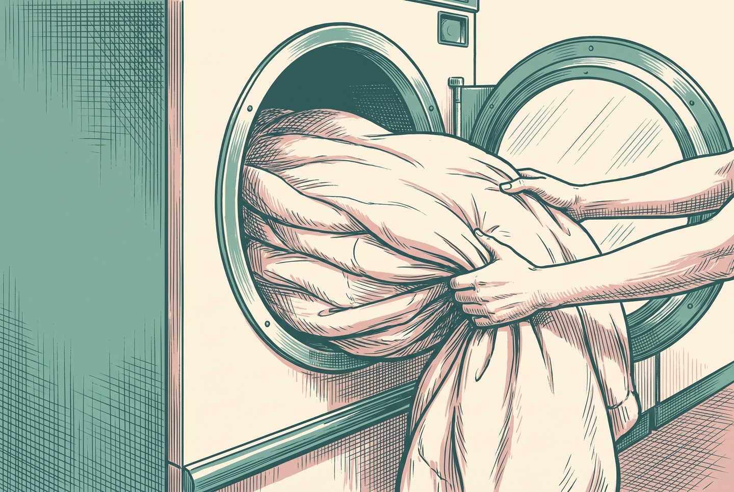 Two hands feeding a thick, folded cotton-filled queen comforter through the round glass door of a large front-loading washing machine.