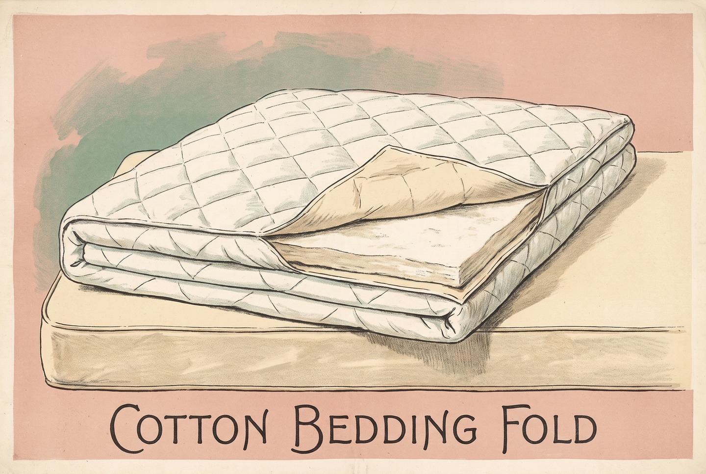 A white quilted comforter lies folded across the foot of a queen mattress. One corner is peeled back to show the thin white cotton batting sewn inside.