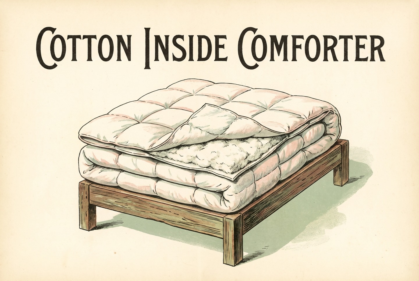 A folded white comforter with square quilting lies on a plain wooden bed. One corner is folded back, showing the soft white cotton filling inside the stitched squares.