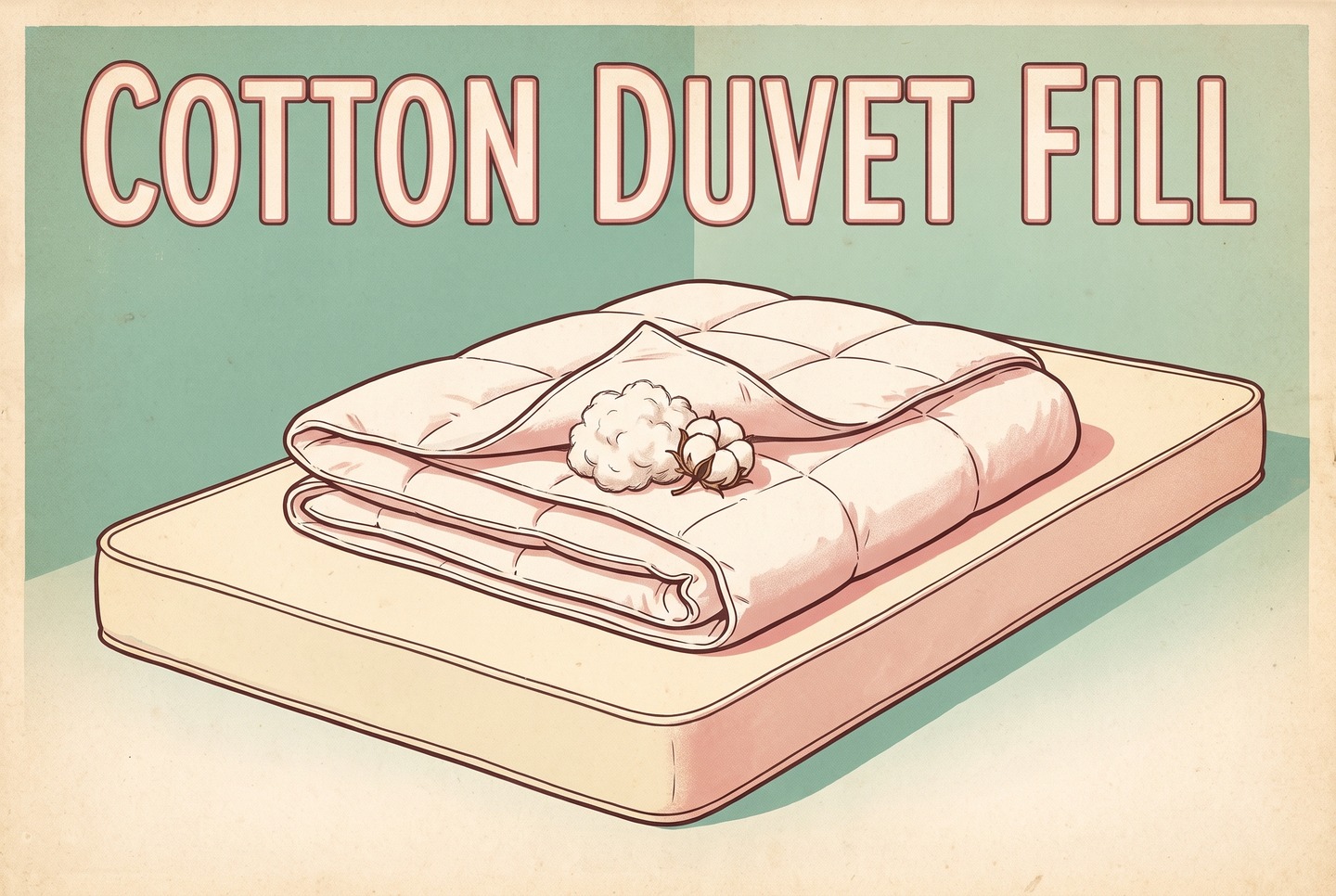 A folded white quilted duvet insert on a plain twin mattress. One corner is opened to show soft white cotton fill, and an open cotton boll sits next to it.
