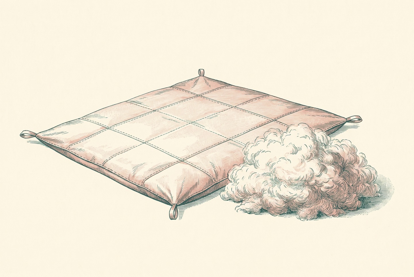 An empty square duvet shell with stitched lines and a loop at each corner lies flat next to a separate heap of the loose filling taken from inside it.