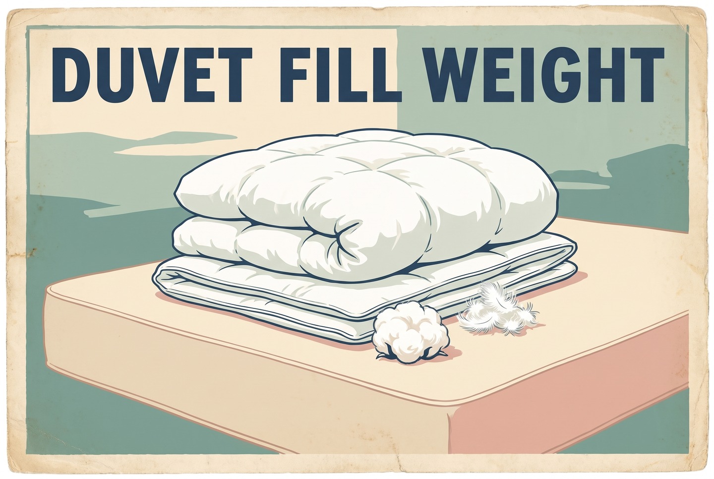 A thin, flat folded duvet lies under a much thicker, puffier one on a bare mattress. A tuft of cotton fiber and a cluster of down sit in front, showing that duvets can hold very different kinds and amounts of fill.