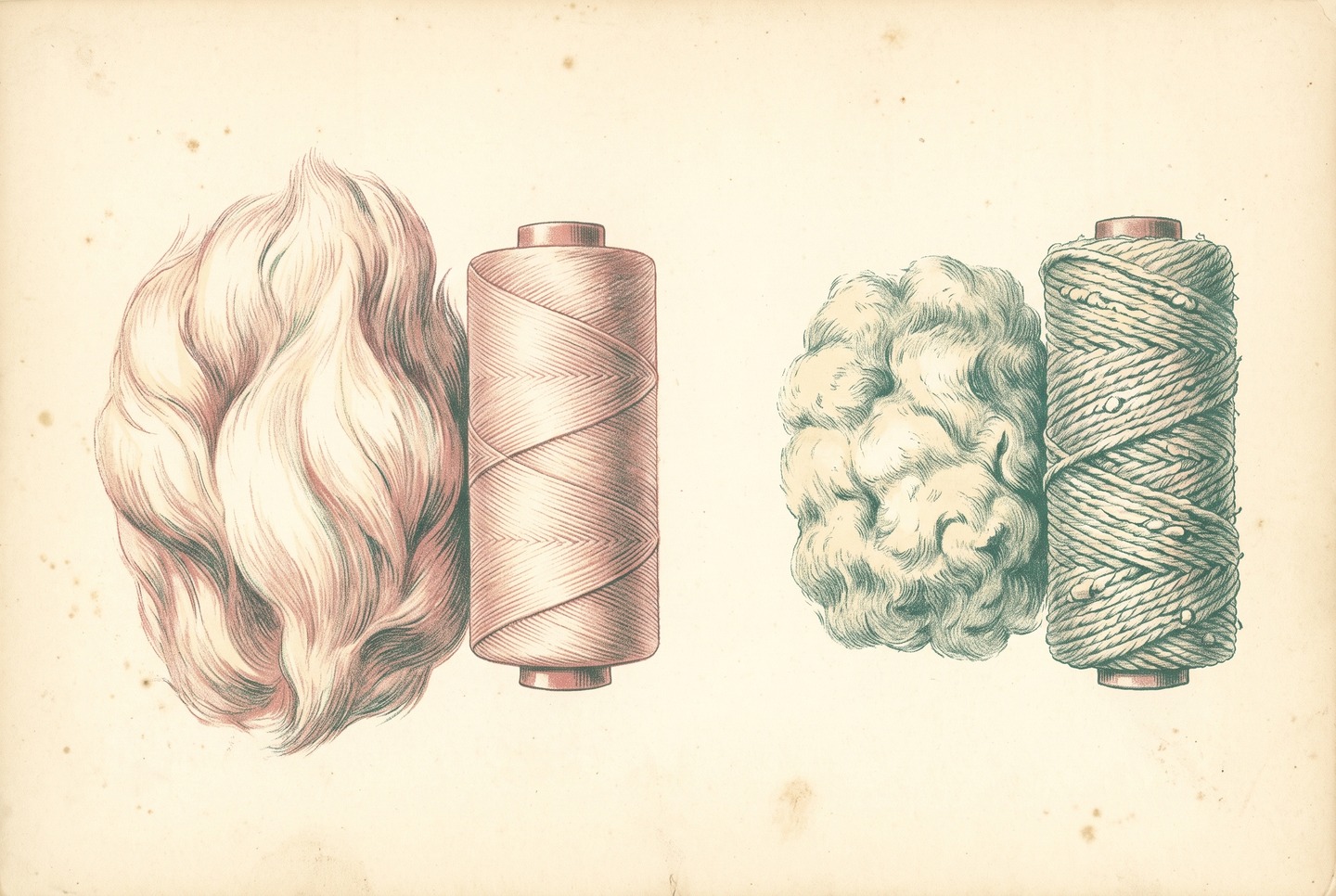 Two tufts of loose cotton fibers side by side, one with longer strands and one with shorter strands, each beside a yarn spun from it, the long-fiber yarn thinner and smoother.