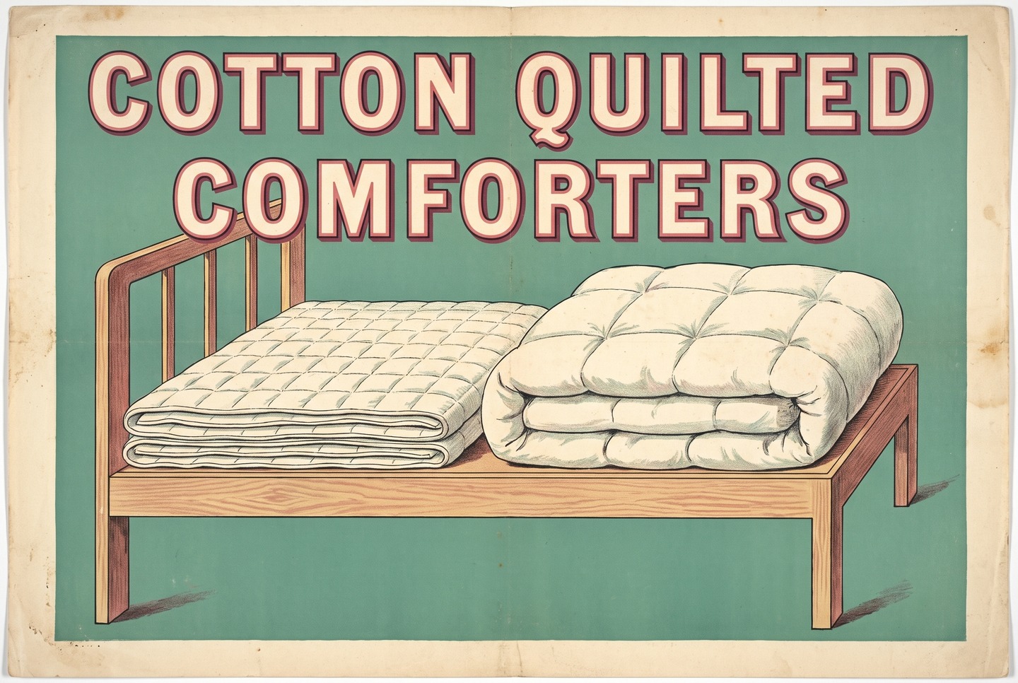 Two folded white comforters on a wooden bed. The thinner one has small square stitching and sits flat, which shows it holds less fill than the thicker one beside it.