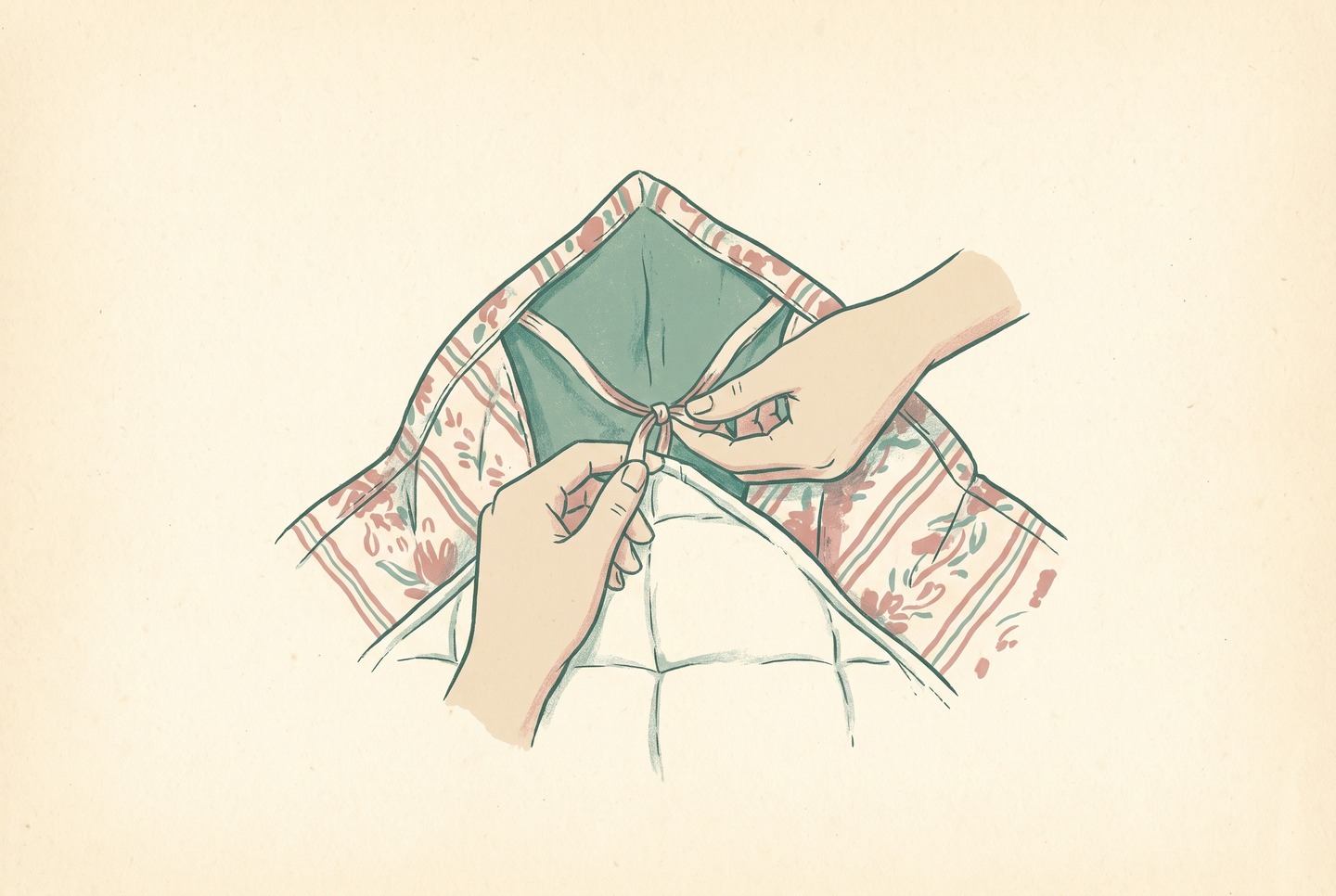 Hands tie a loop sewn on the corner of a comforter insert to a tie inside the corner of a duvet cover, holding the insert in place inside the cover.