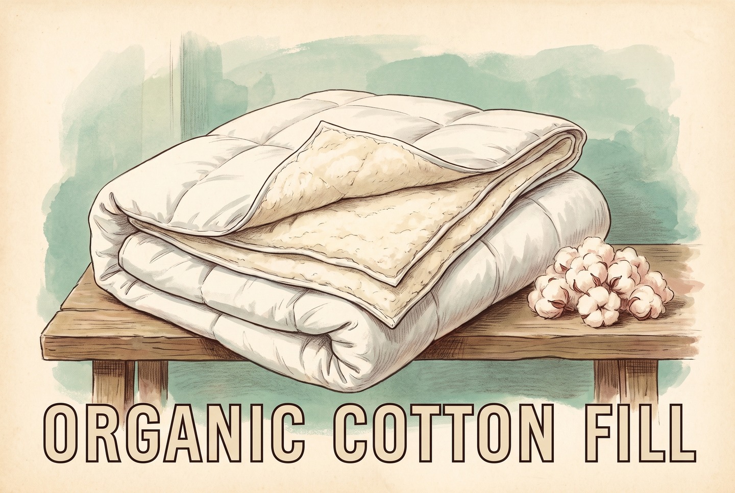 A folded white quilted comforter with one corner opened to show the pale cotton batting inside, next to a few raw cotton bolls on a wooden bench.