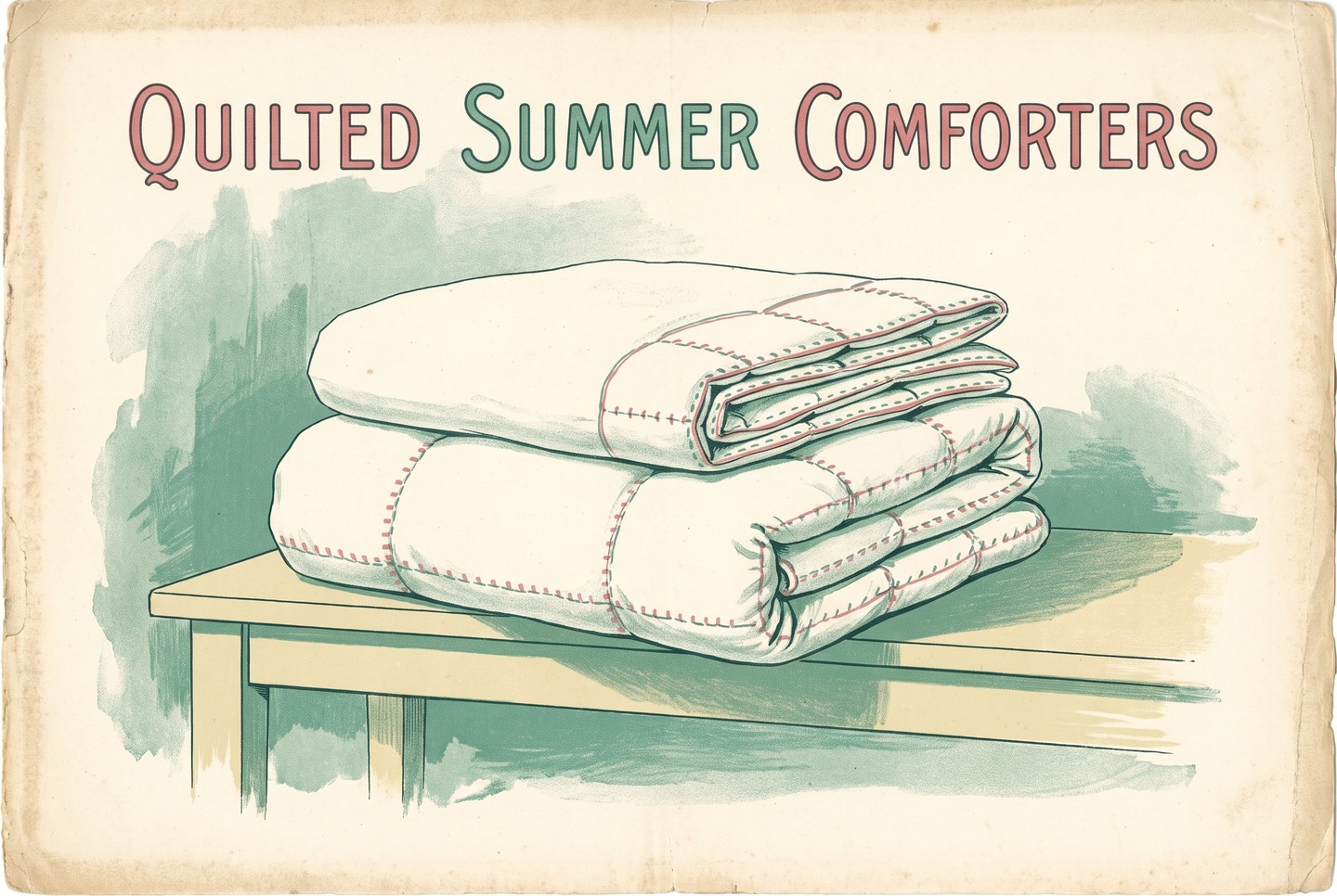 Two folded white comforters stacked on a wooden bench. The lower, year-round comforter is clearly thicker than the thin summer comforter resting on top of it.