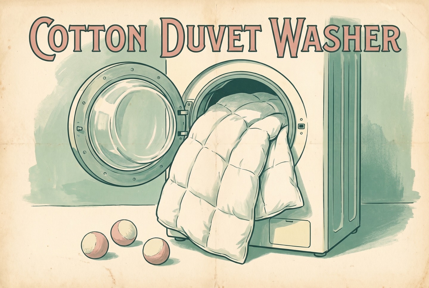 A white quilted cotton duvet folded loosely into the drum of an open front-loading washing machine, with three wool dryer balls on the floor in front.