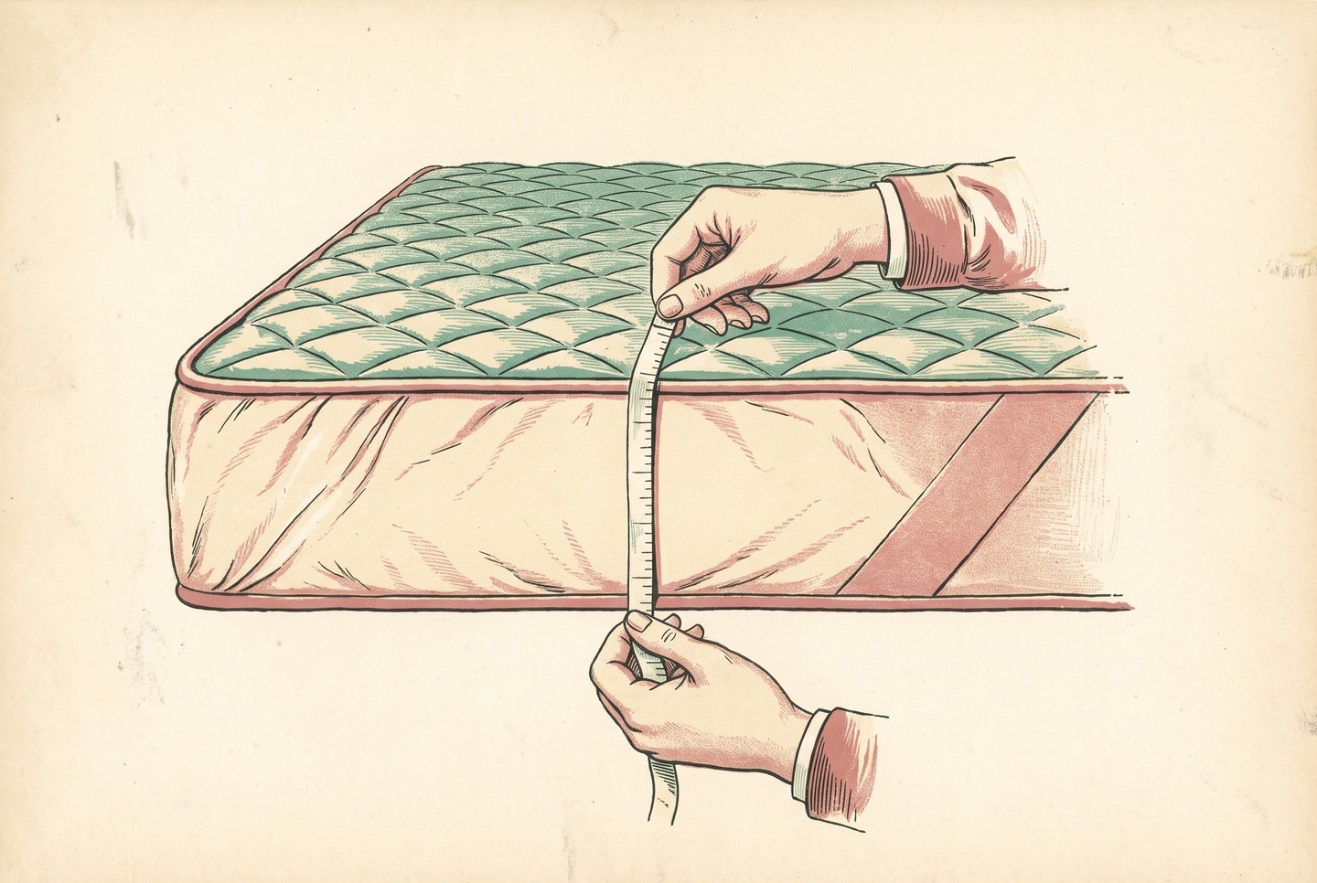 Two hands hold a soft tape measure upright against the middle of one side of a bare mattress in a fitted sheet, stretched from its bottom edge to the top of the quilted surface.