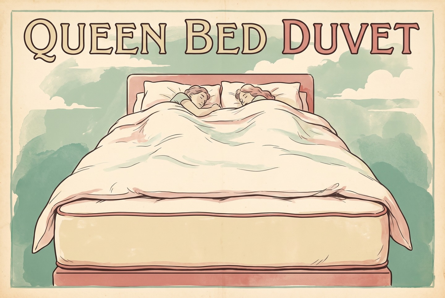Illustration of a queen bed seen from the foot end. A white duvet covers two sleepers, and because their bodies lift it, the duvet edge stops halfway down the side of the mattress.