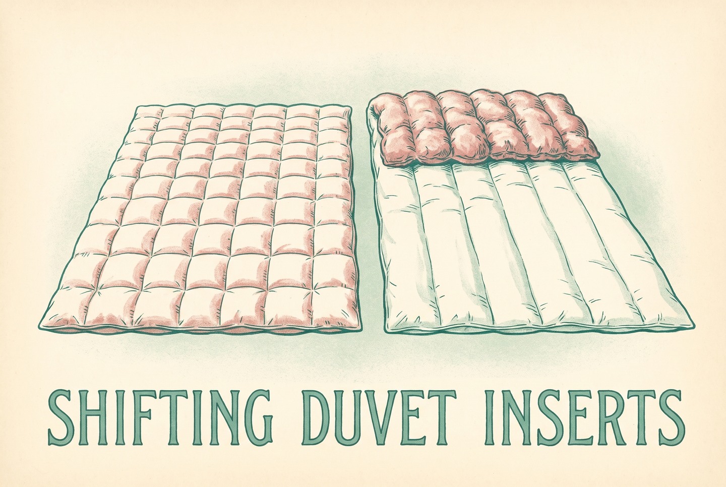 Two cotton duvet inserts side by side. The one stitched in small squares lies flat and even. The one with wide lengthwise channels has its fill piled into ridges at one end and thin, flat patches everywhere else.